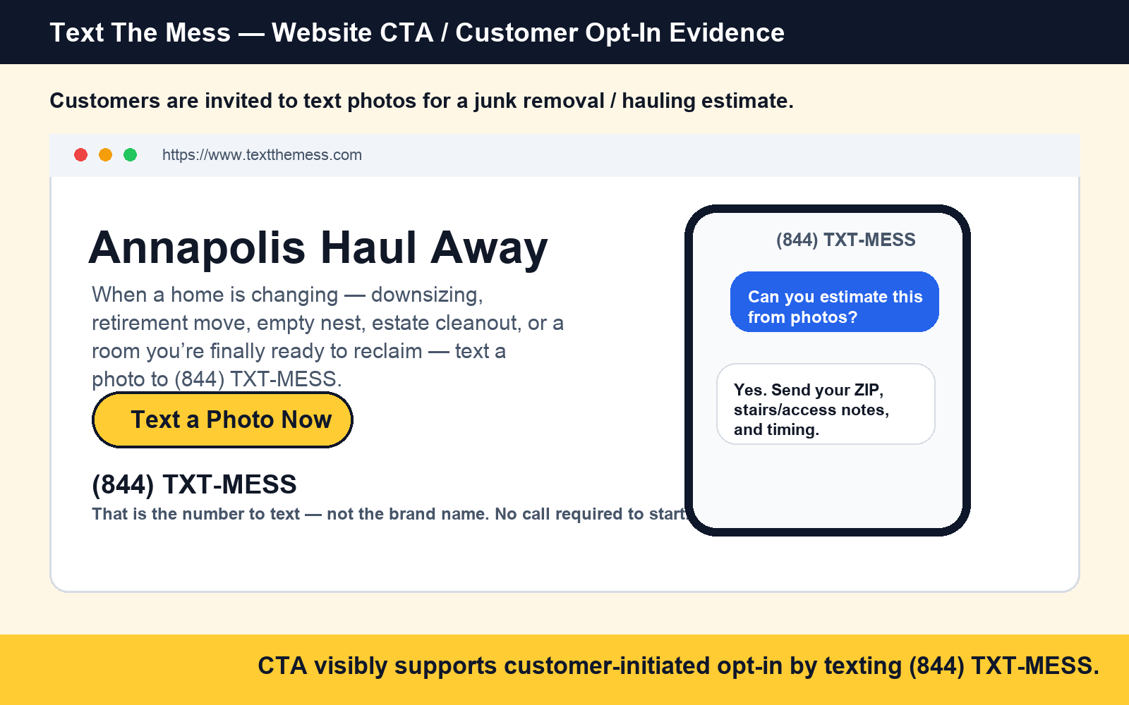 Text The Mess website CTA proof showing the customer is invited to text photos to 844 TXT-MESS.